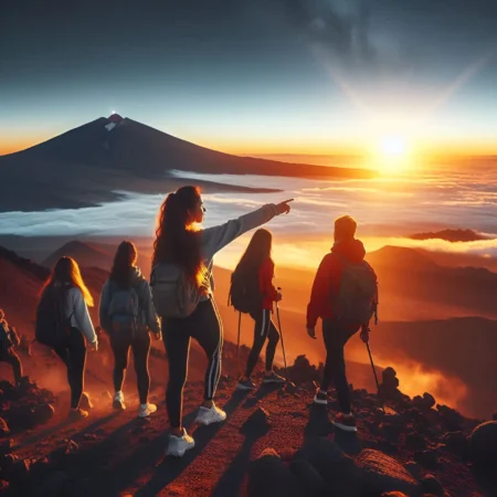 Group of people climbing teide Peak crater